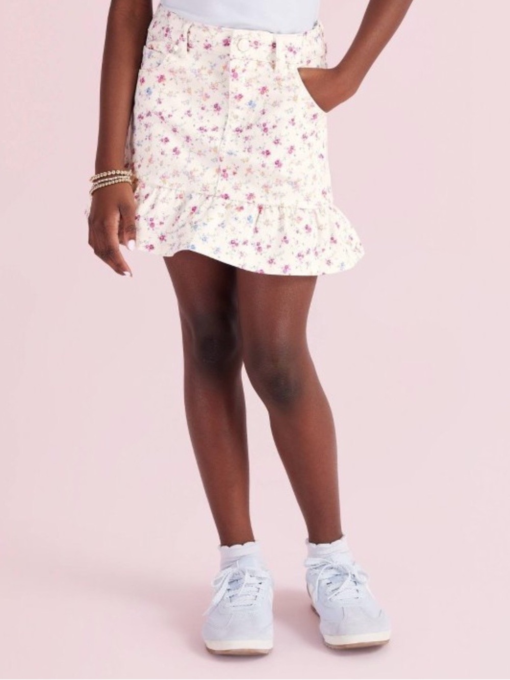 LoveShackFancy Girls' Floral Ruffle Skirt Olivia Sunrise patchwork denim skirt 8